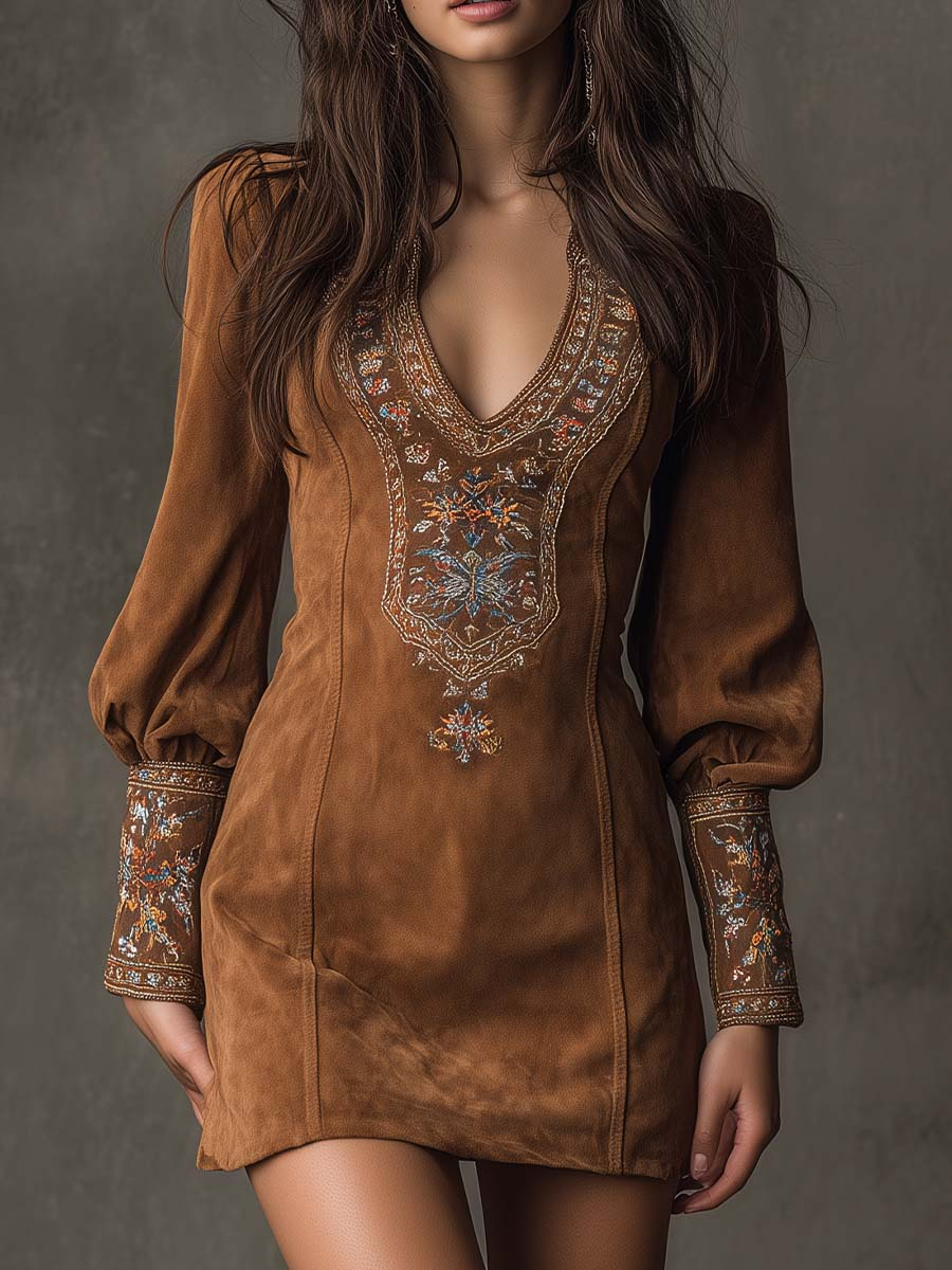 Elegante Mini Abito con Ricamo – Abito Boho Scollo a V Attillato per Donne