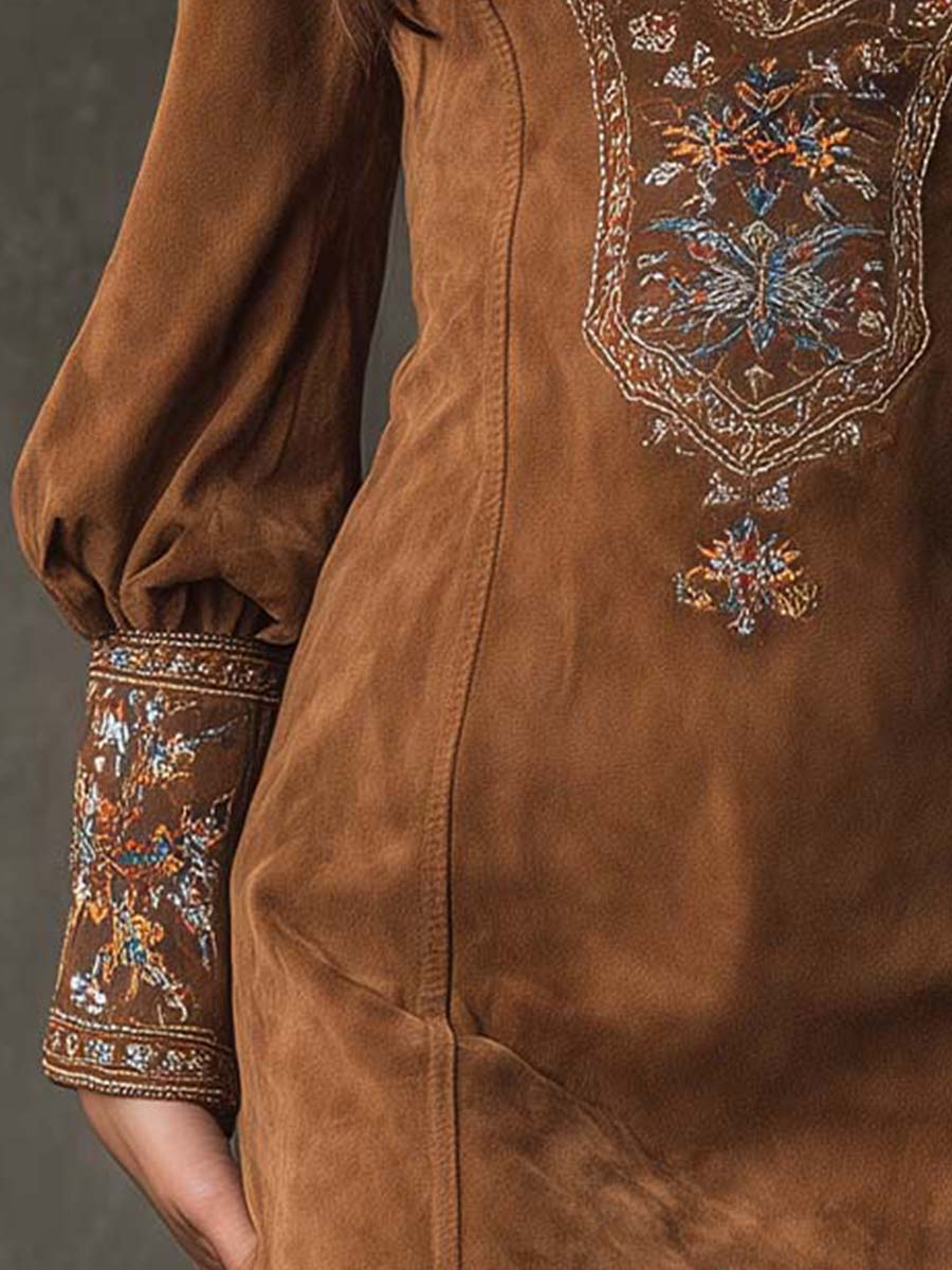Elegante Mini Abito con Ricamo – Abito Boho Scollo a V Attillato per Donne