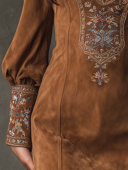 Elegante Mini Abito con Ricamo – Abito Boho Scollo a V Attillato per Donne