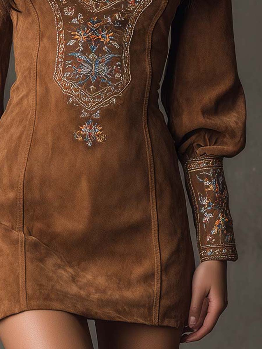 Elegante Mini Abito con Ricamo – Abito Boho Scollo a V Attillato per Donne