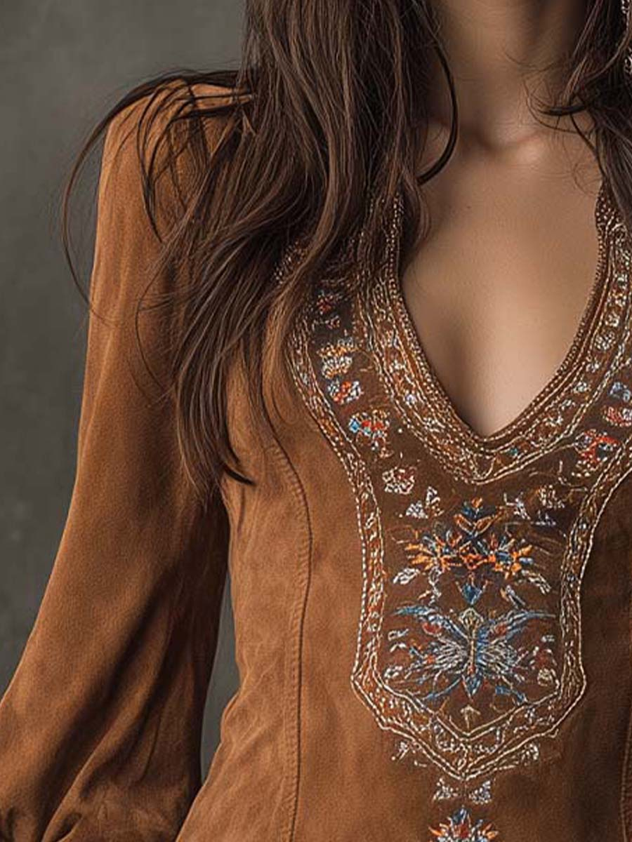 Elegante Mini Abito con Ricamo – Abito Boho Scollo a V Attillato per Donne