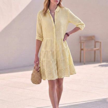 Abito camicia a righe per donne – Abito estivo leggero con bottoni e gonna a volant