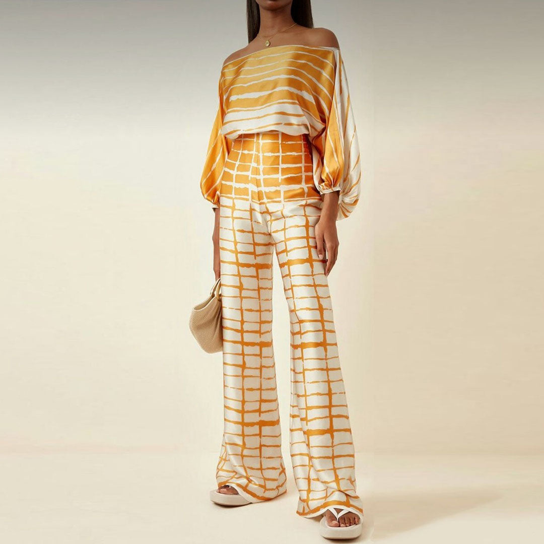 Maëlys - Elegante Completo Due Pezzi per Primavera e Estate con Maniche Ampie e Design Off-Shoulder, Pantaloni Palazzo a Vita Alta e Motivi Lucenti