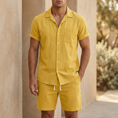 Set di lino casual con camicia a maniche corte e pantaloni corti per uomini – Outfit estivo leggero e traspirante in due pezzi