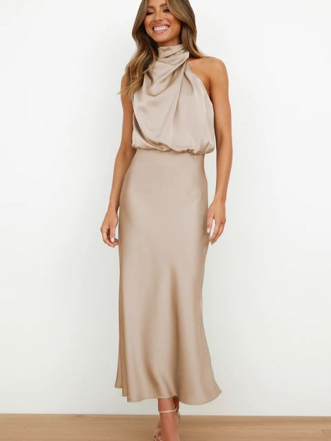 Zélène - Elegante abito da cocktail senza maniche con colletto alto e effetto lucido