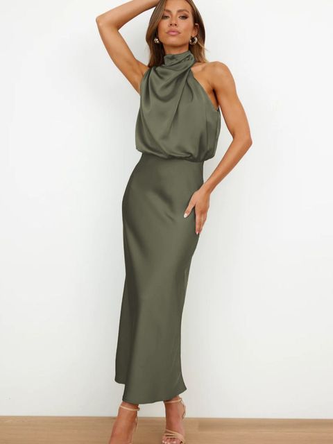 Zélène - Elegante abito da cocktail senza maniche con colletto alto e effetto lucido