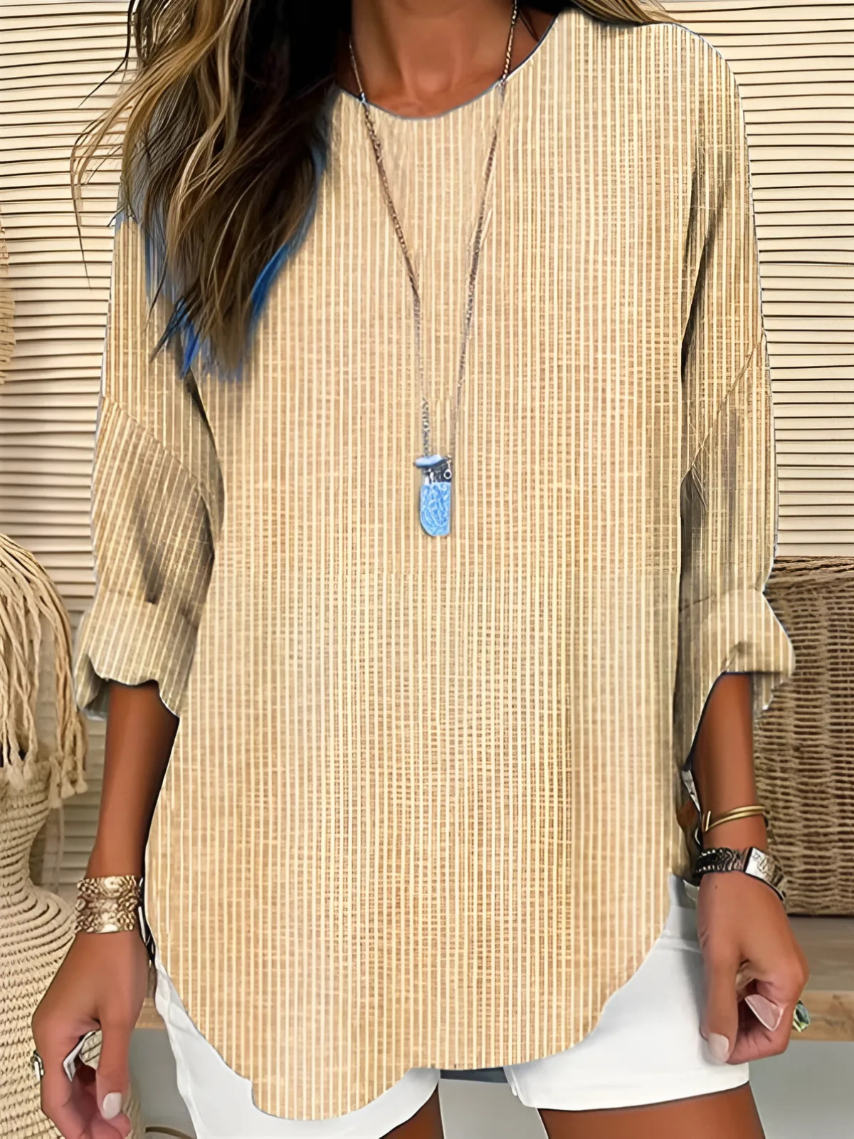 Maglietta casual per donne – Blusa a maniche lunghe a righe con scollo rotondo