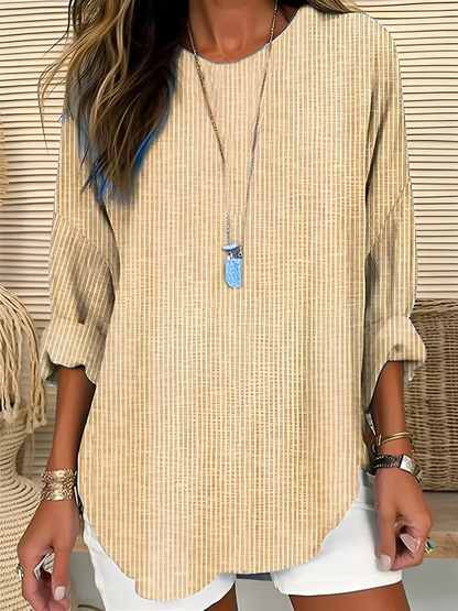 Maglietta casual per donne – Blusa a maniche lunghe a righe con scollatura rotonda