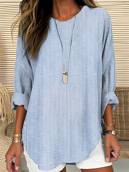 Maglietta casual per donne – Blusa a maniche lunghe a righe con scollo rotondo