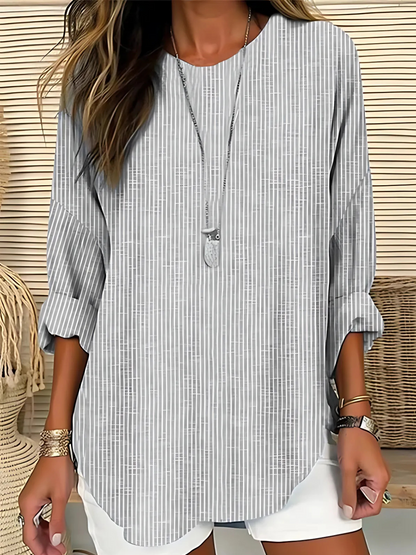 Maglietta casual per donne – Blusa a maniche lunghe a righe con scollo rotondo
