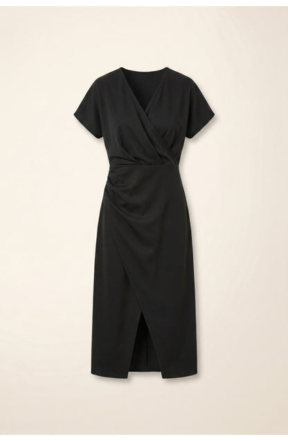 Abito avvolgente elegante con scollatura a V per donne – Abito midi aderente con arricciatura in vita e spacco