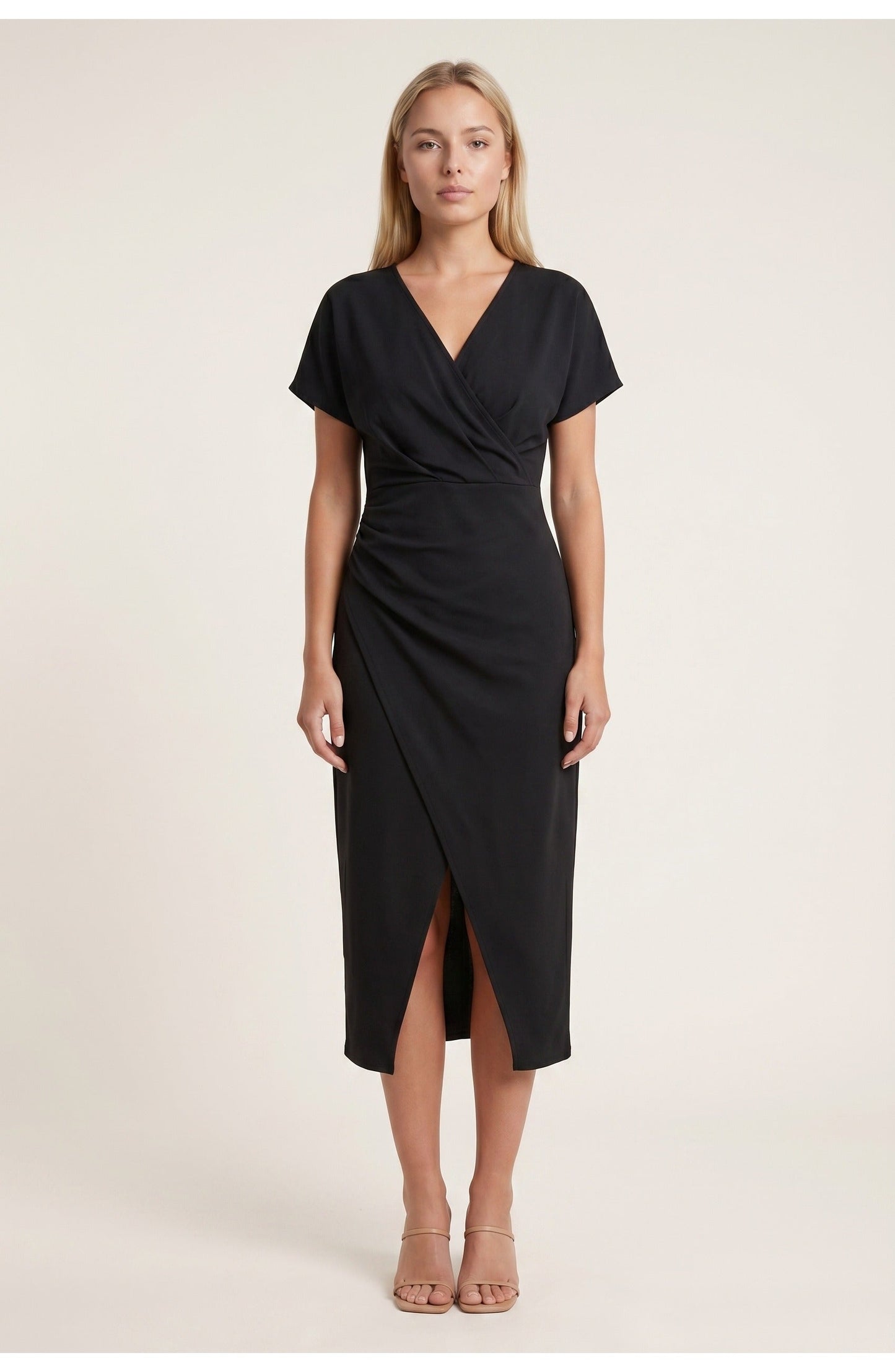 Abito avvolgente elegante con scollatura a V per donne – Abito midi aderente con arricciatura in vita e spacco
