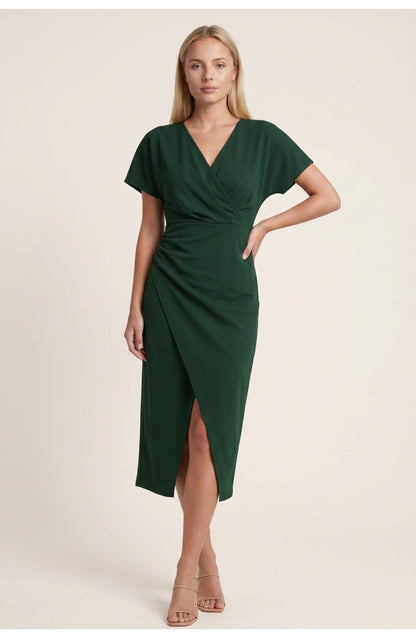 Abito avvolgente elegante con scollatura a V per donne – Abito midi aderente con arricciatura in vita e spacco