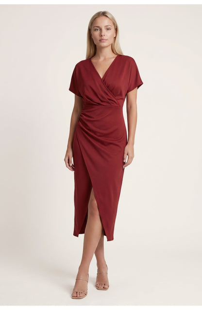 Abito avvolgente elegante con scollatura a V per donne – Abito midi aderente con arricciatura in vita e spacco