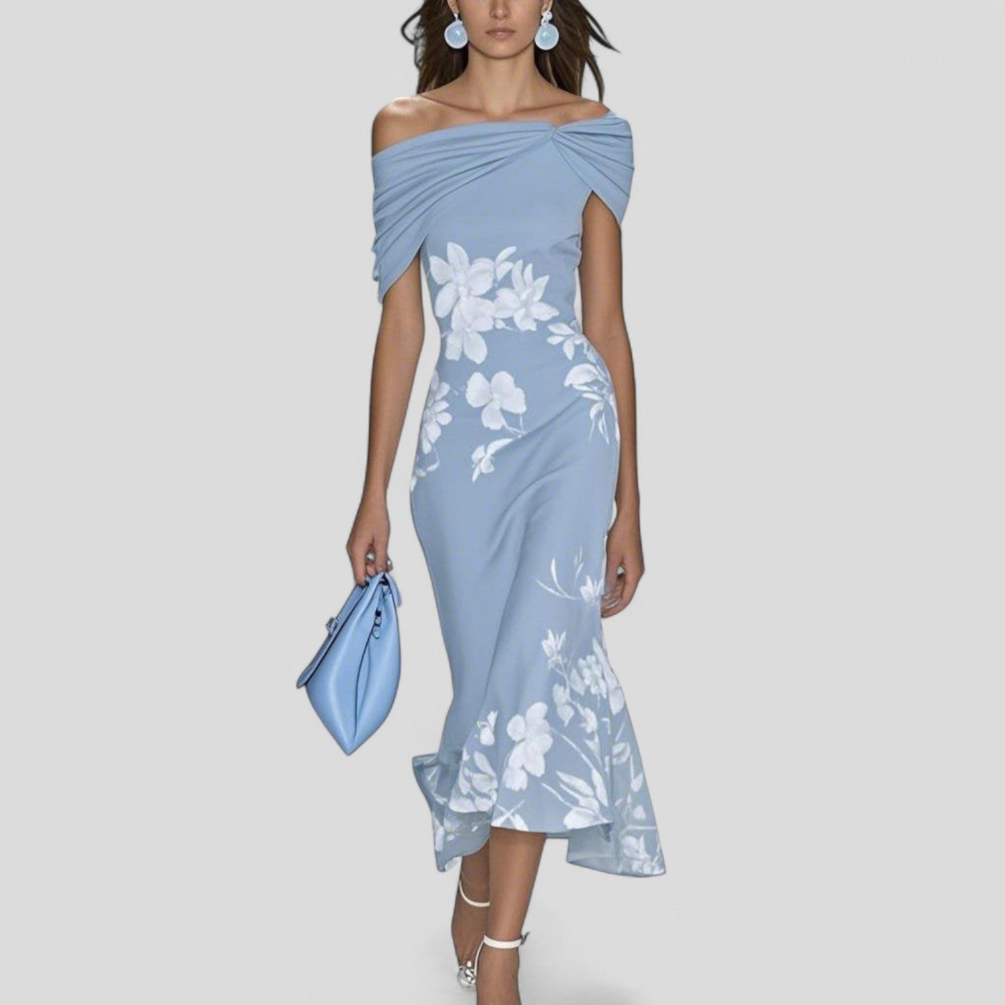 Abito midi floreale per donne – Elegante abito off-shoulder con vestibilità aderente