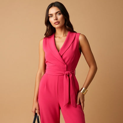Flavie - Tuta da donna con effetto avvolgente, aderente, gambe ampie
