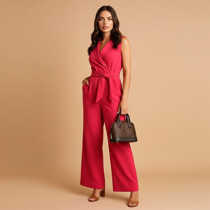 Flavie - Tuta da donna con effetto avvolgente, aderente, gambe ampie