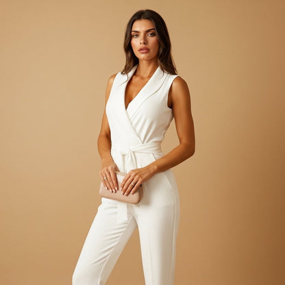 Flavie - Tuta da donna con effetto avvolgente, aderente, gambe ampie