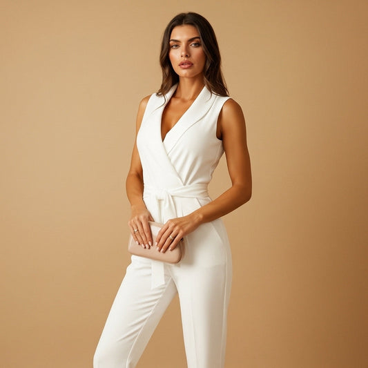 Flavie - Tuta da donna con effetto avvolgente, aderente, gambe ampie