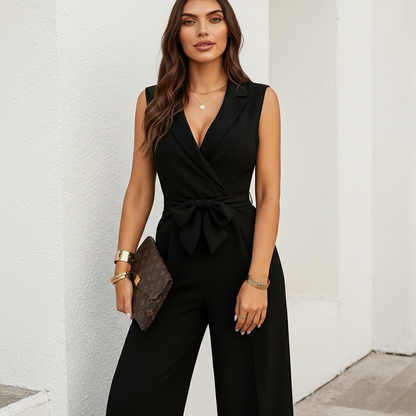 Flavie - Tuta da donna con effetto avvolgente, aderente, gambe ampie