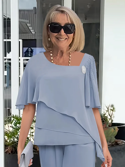 Jorielle - Elegante completo estivo da donna con top asimmetrico e pantaloni in tessuto traspirante