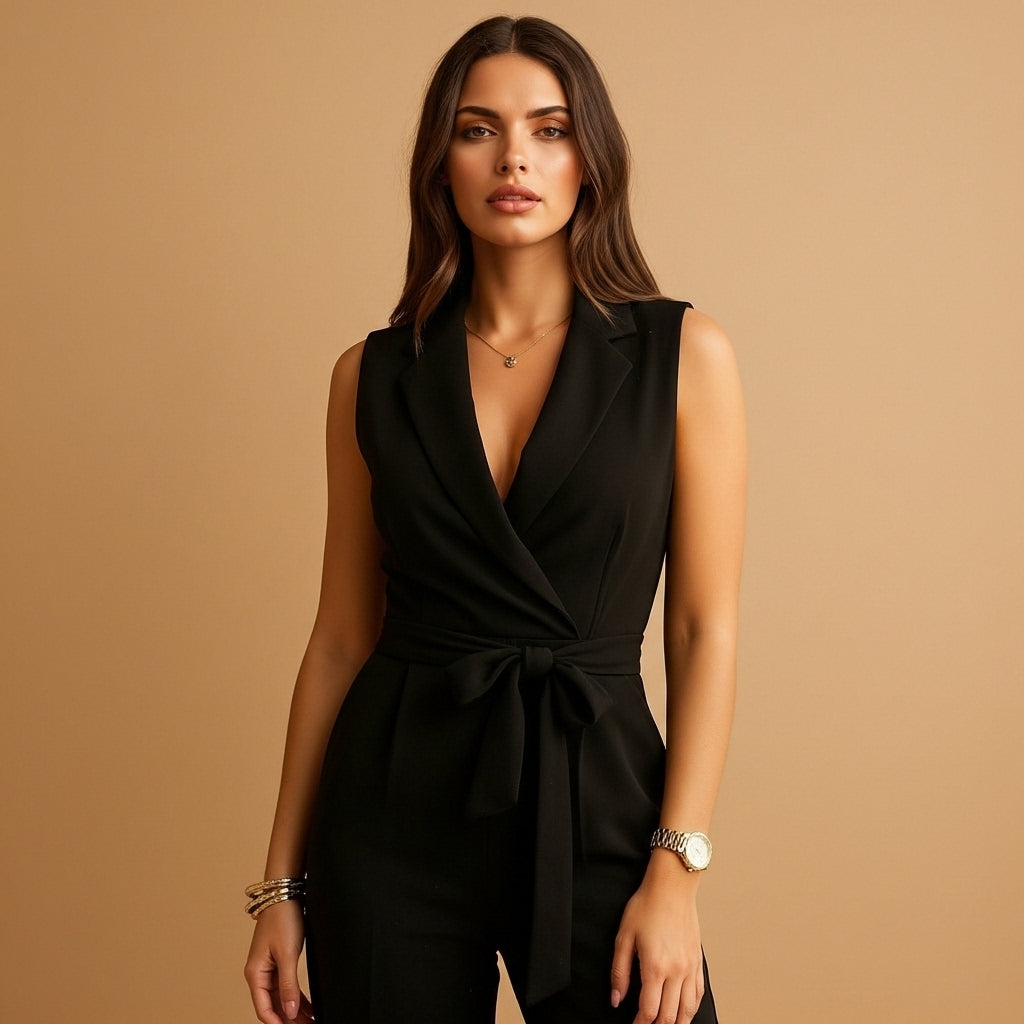 Flavie - Tuta da donna con effetto avvolgente, aderente, gambe ampie