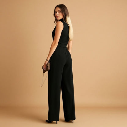 Flavie - Tuta da donna con effetto avvolgente, aderente, gambe ampie