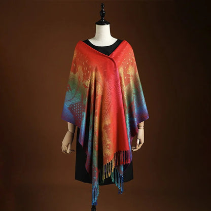 Sciarpa elegante con sfumature e frange – Poncho morbido da donna e versatile foulard