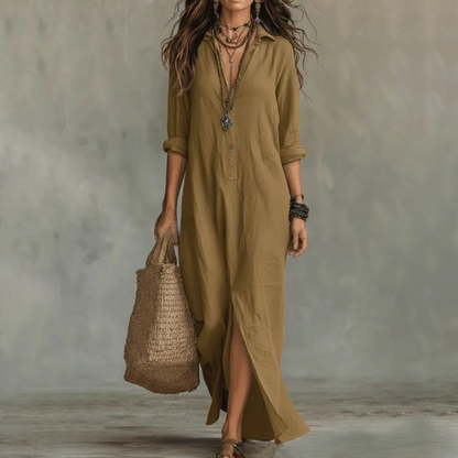 Abito Max lungo con colletto camicia per donne – Abito estivo leggero con scollatura a V e maniche lunghe