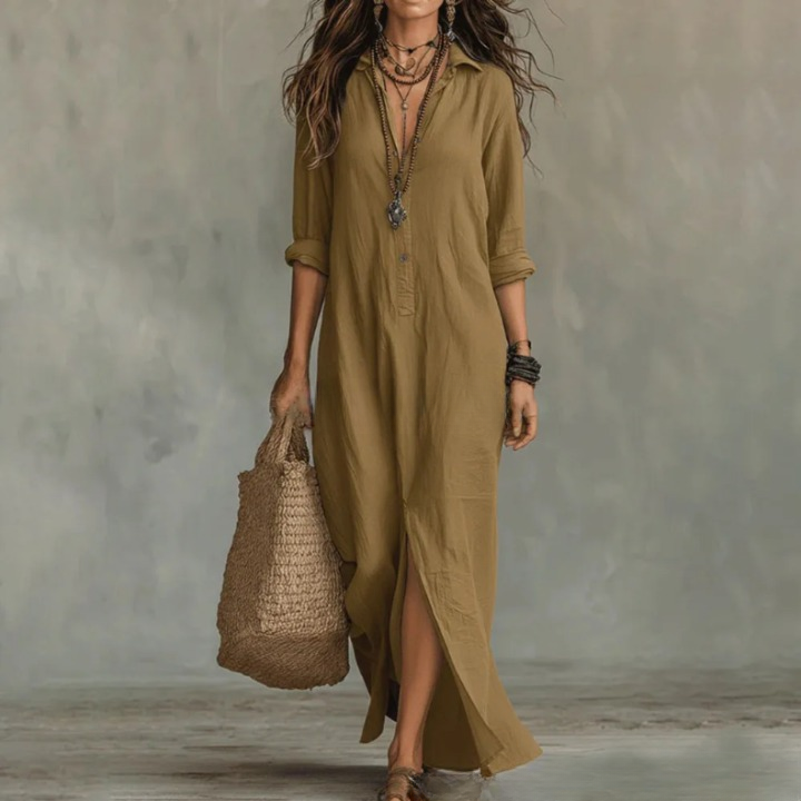 Abito Maxy Lungo con Collo Camicia per Donne – Abito Estivo Leggero con Scollatura a V e Maniche Lunghe