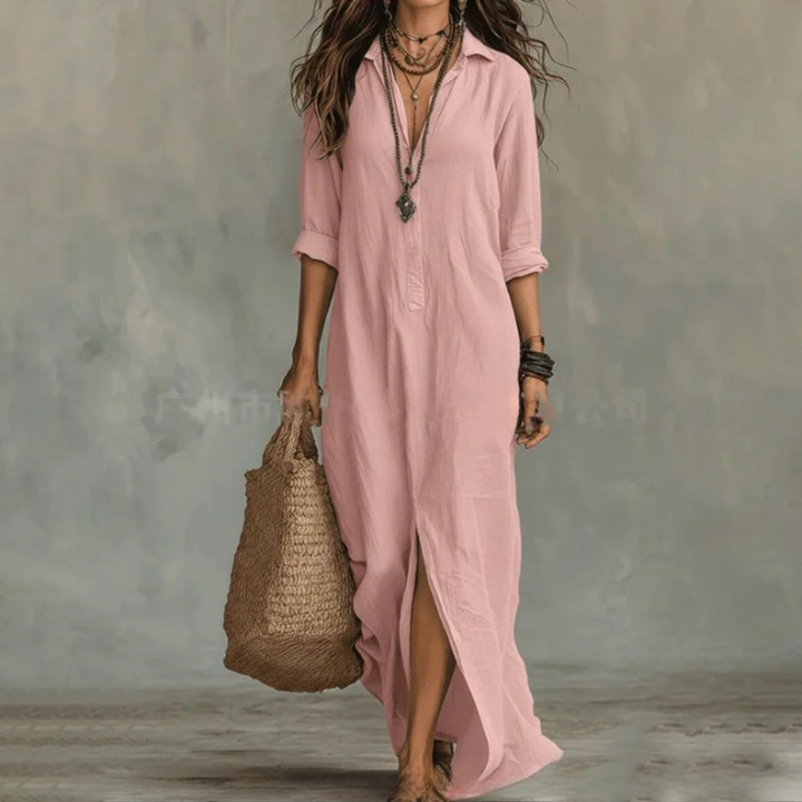 Abito Max lungo con colletto camicia per donne – Abito estivo leggero con scollatura a V e maniche lunghe
