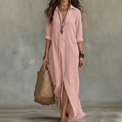 Abito Maxy Lungo con Collo Camicia per Donne – Abito Estivo Leggero con Scollatura a V e Maniche Lunghe