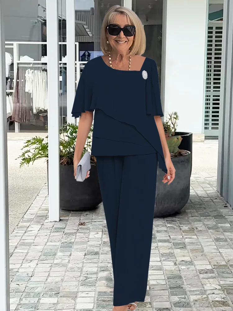 Jorielle - Elegante completo estivo da donna con top asimmetrico e pantaloni in tessuto traspirante
