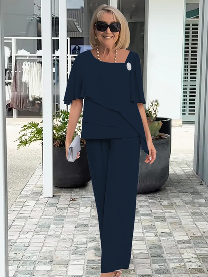 Jorielle - Elegante completo estivo da donna con top asimmetrico e pantaloni in tessuto traspirante