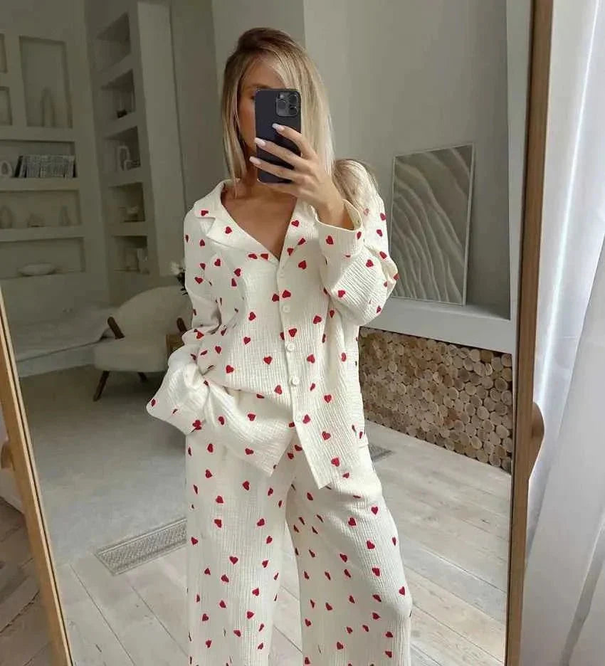 Set Pigiama Herzprint per Donne – Morbido Set di Loungewear con Gamba Larga