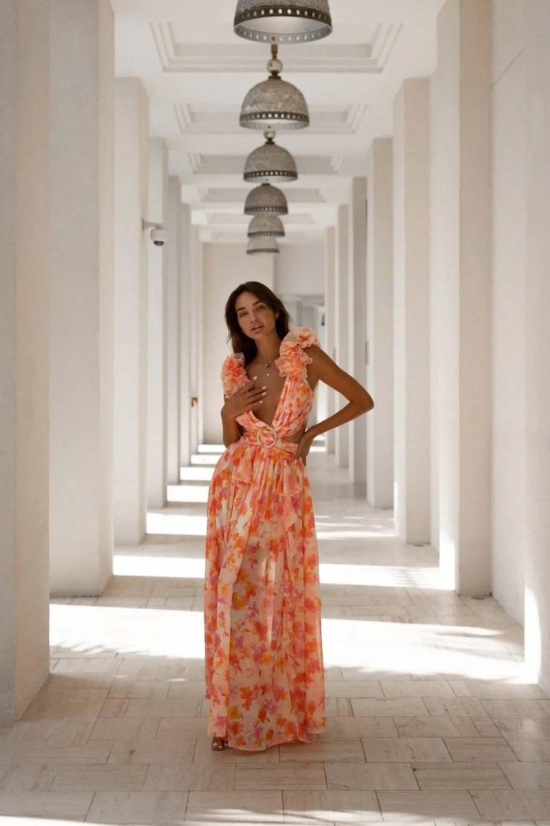 Elegante Maxikleid mit Floralprint & Volantärmeln – Luftiges Sommerkleid für Damen