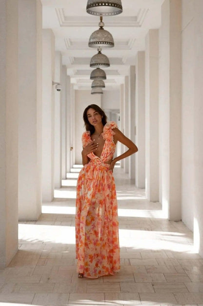 Elegante Maxikleid mit Floralprint & Volantärmeln – Luftiges Sommerkleid für Damen