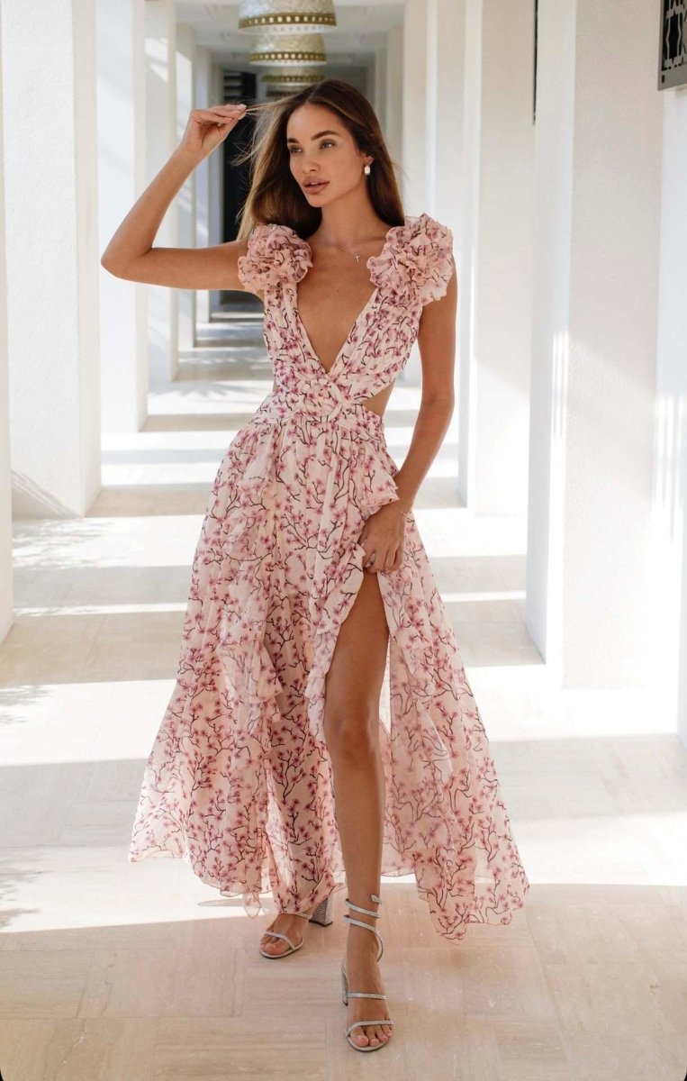 Elegante Maxikleid mit Floralprint & Volantärmeln – Luftiges Sommerkleid für Damen