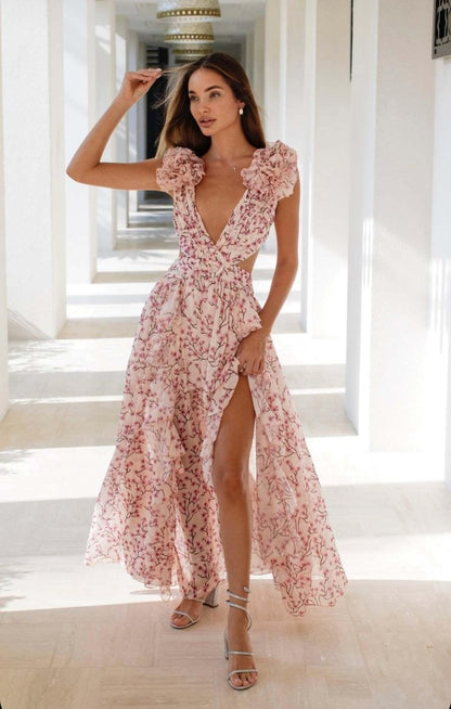 Elegante Maxikleid mit Floralprint & Volantärmeln – Luftiges Sommerkleid für Damen