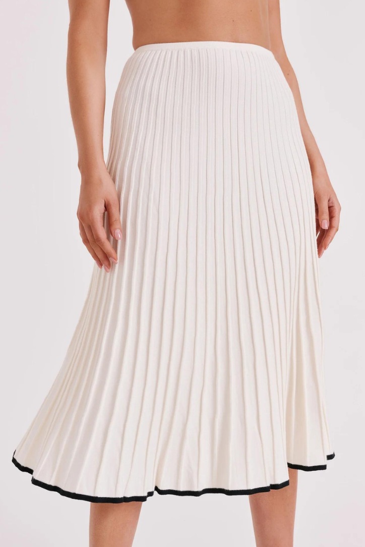 Set elegante in maglia per donna – Set con gonna midi a coste e dettagli a contrasto