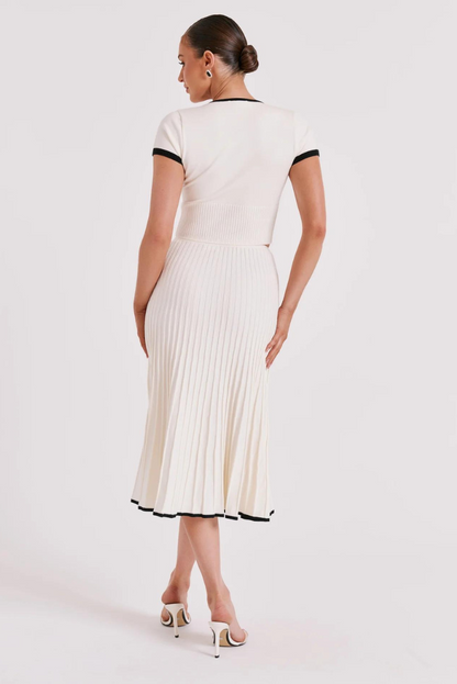 Set elegante in maglia per donna – Set con gonna midi a coste e dettagli a contrasto