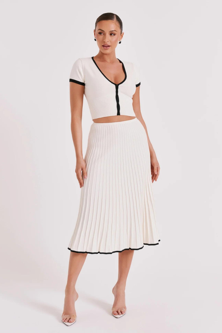 Set elegante in maglia per donna – Set con gonna midi a coste e dettagli a contrasto