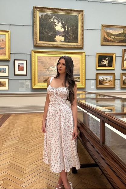 Abito Midi Estivo Romantico per Donne – Stampa Floreale & Vestibilità Scolpita con Lacci