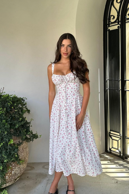 Abito Midi Estivo Romantico per Donne – Stampa Floreale & Vestibilità Scolpita con Lacci