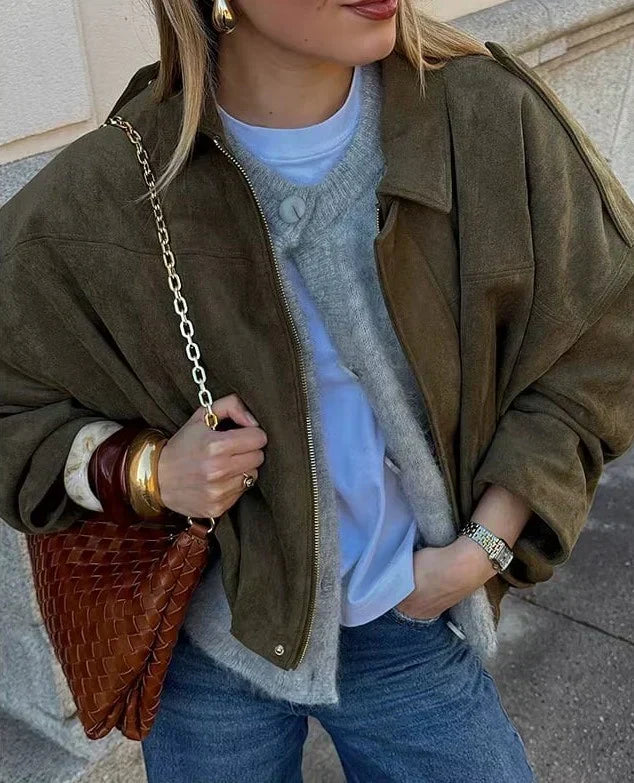 Esméline - Elegante Giacca Primaverile Oversize in Ecopelle e Pelle Sintetica con Collo e Zip per Donne