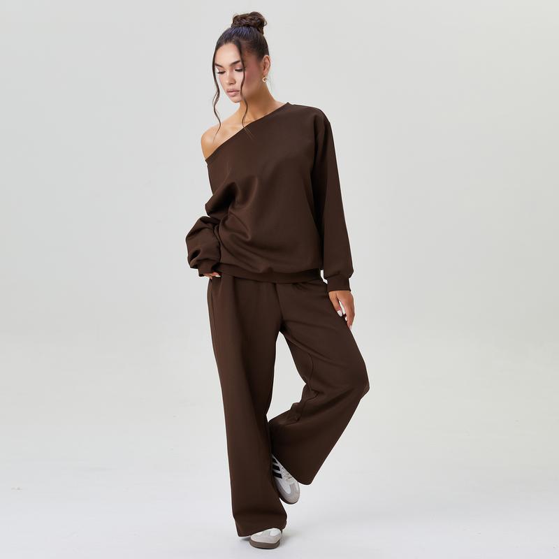 Set da lounge donna alla moda con felpa a spalla unica – Comodo due pezzi con pantaloni larghi