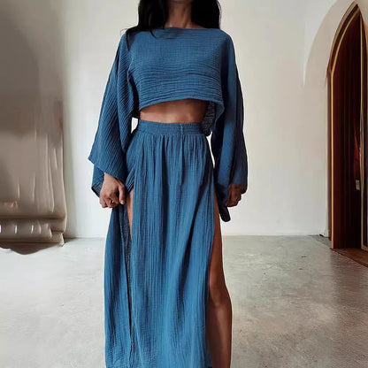 Alizenne - Completo estivo leggero ed elegante in lino per le vacanze, composto da un crop top a maniche lunghe con taglio ampio e una maxi gonna con doppio spacco laterale