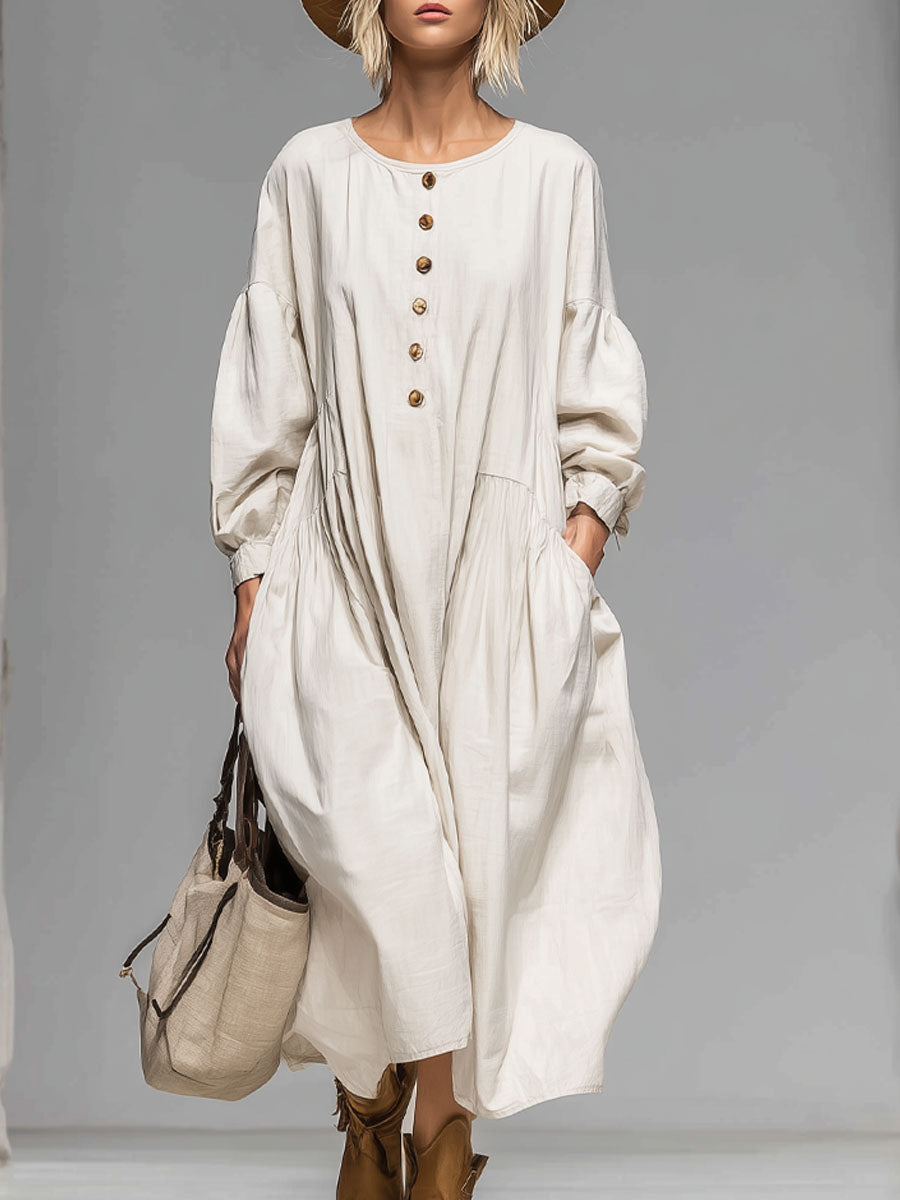 Abito midi con bottoni per donna – Vestito boho morbido con maniche a palloncino e tasche pratiche