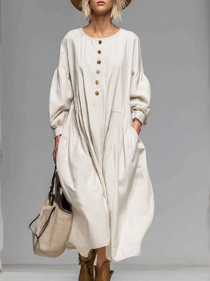 Abito midi con bottoni per donna – Vestito boho morbido con maniche a palloncino e tasche pratiche