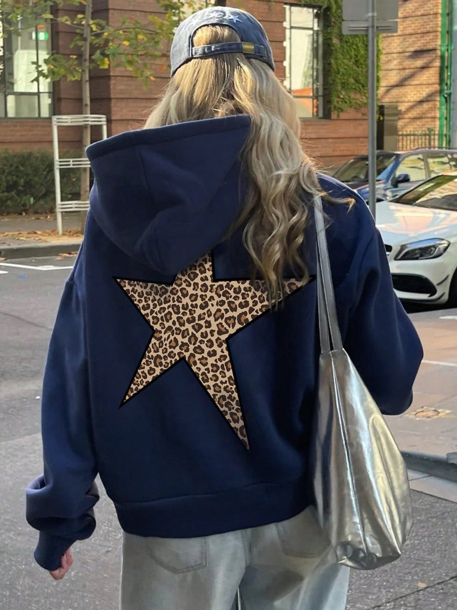 Felpa oversize con stampa Leo-Stella per donne – Felpa con cappuccio in stile streetwear